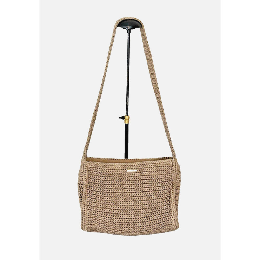 The Sak Nylon Crochet Woven Shoulder Bag Purse Tan Zip Closure EUC